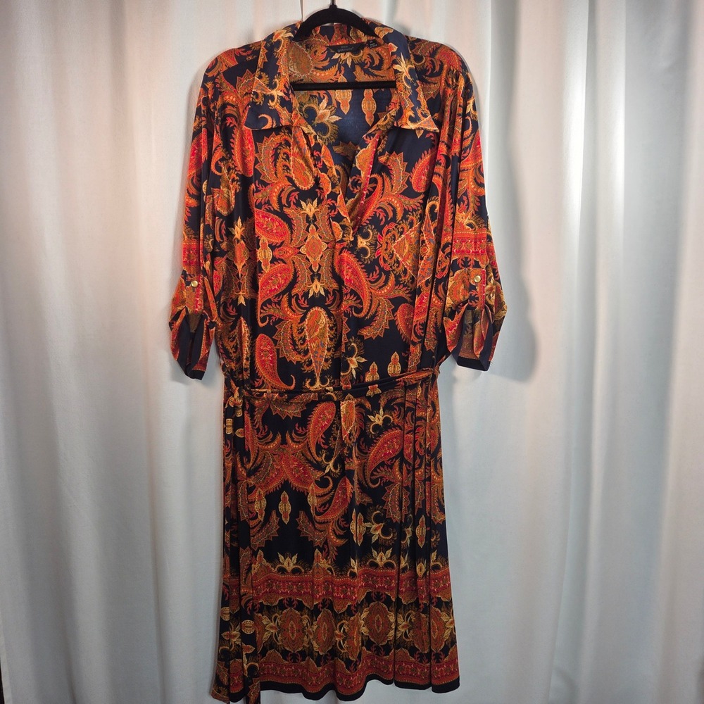 Mlle Gabrielle Women Paisley Midi Dress Roll Tab Sleeve Fall Autumn Boho - Picture 2 of 10